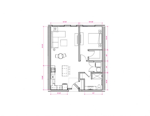 Floor plan for 1 bed, 1 bath, 738 sqft